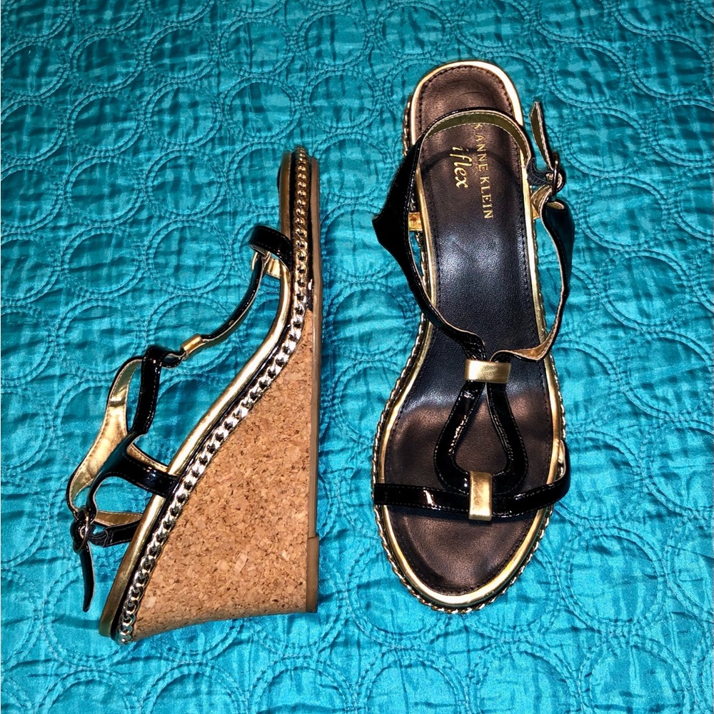 Anne Klein Black Patent Wedge Sandals with Cork Platform & Gold Accents